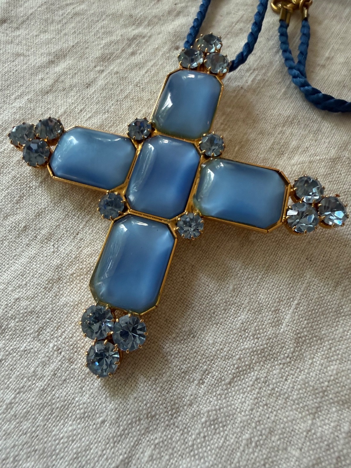 NWOT Vintage French Couture Style Cross / Brooch-Pendant Blue Glass 1980s