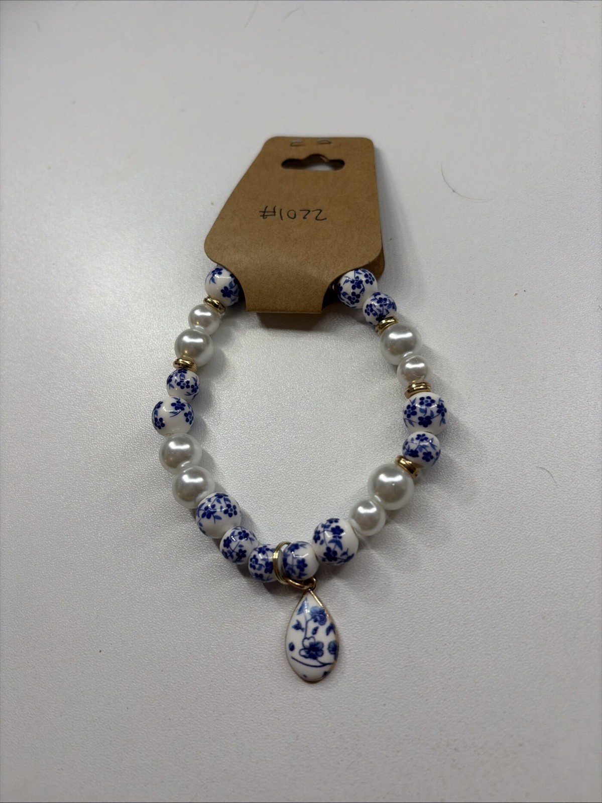 Blue China Themed Beaded Bracelets With Faux Pearls Stretchy