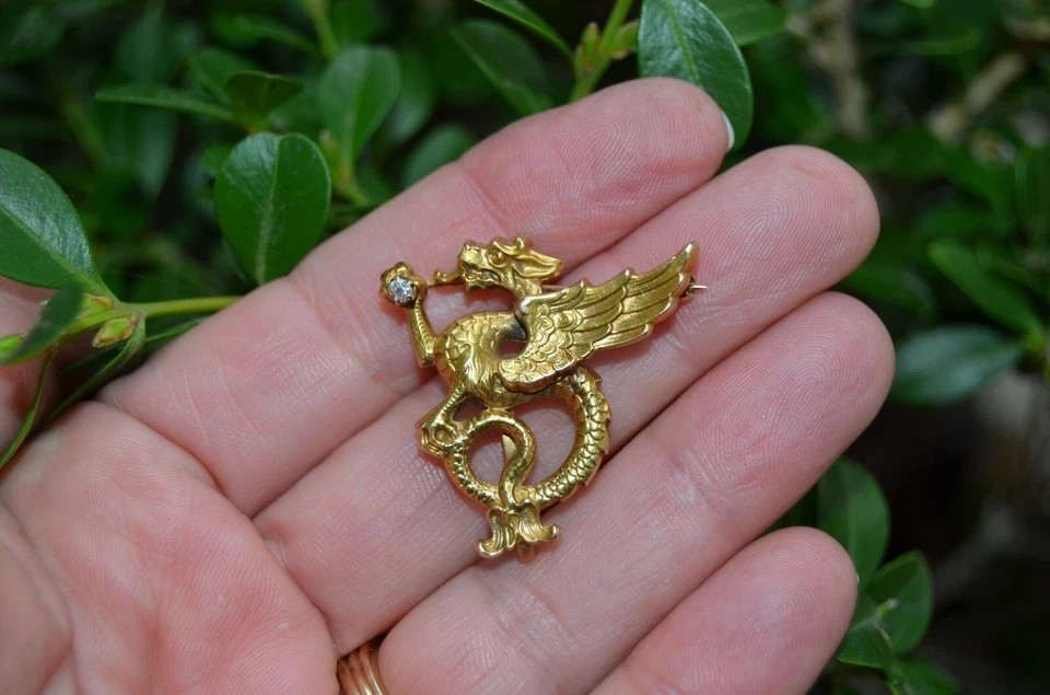 14K & Art Nouveau Chimera Dragon Brooch Watch Pin