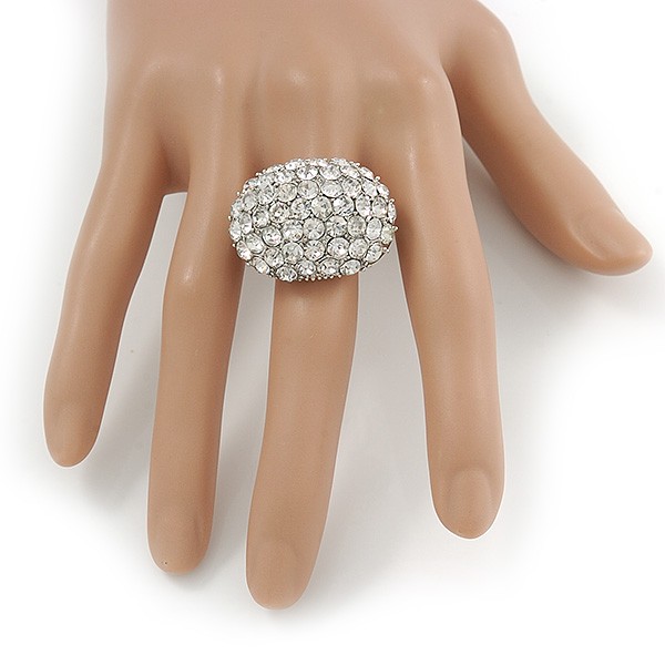 Pave Set Clear Crystal Dome Shape Ring In Silver Tone Metal – 30mm – 7/8 Size –