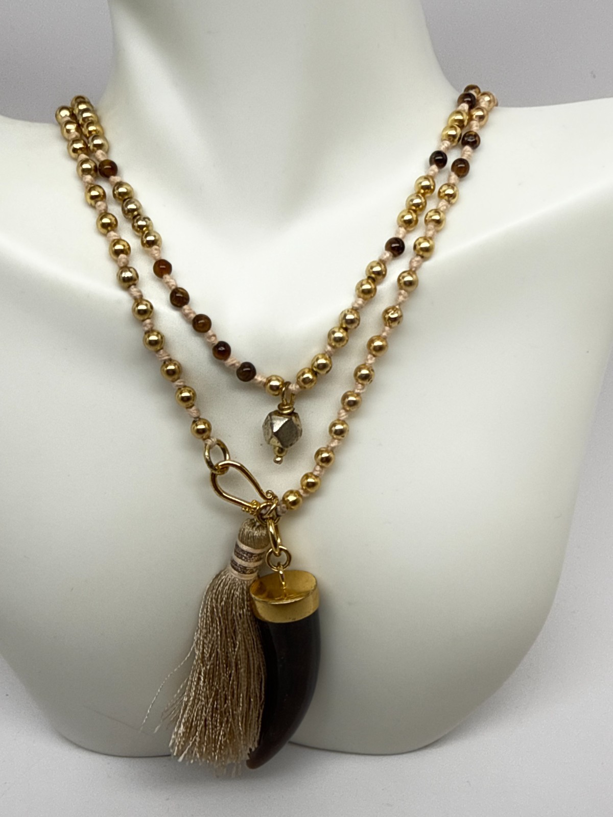 Banana Republic Beaded Necklace silk Tassel brown lucite Tooth pendant