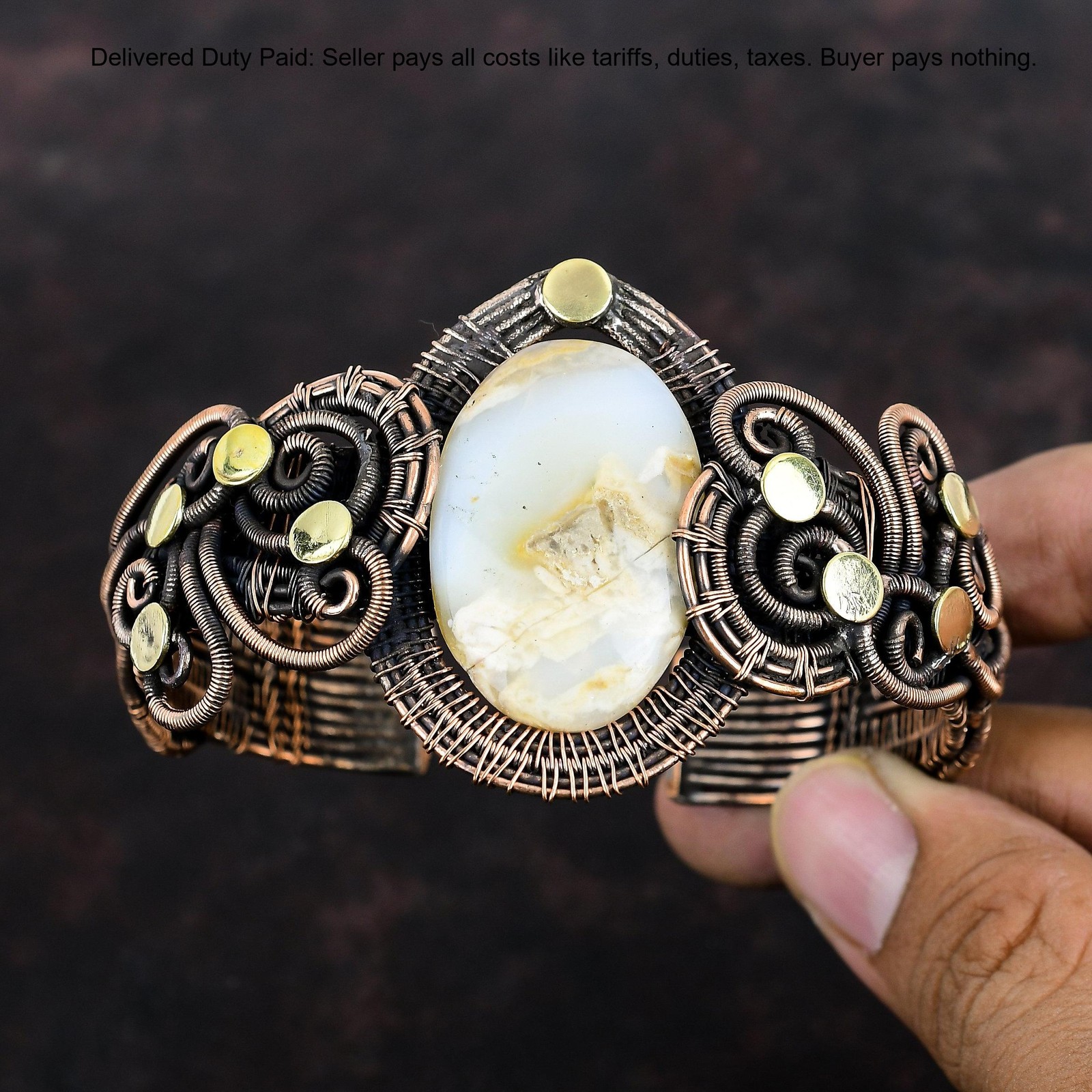 Oval Plume Agate Stone Copper Unique Wedding Wire Wrapped Ethnic Daughter Bangle