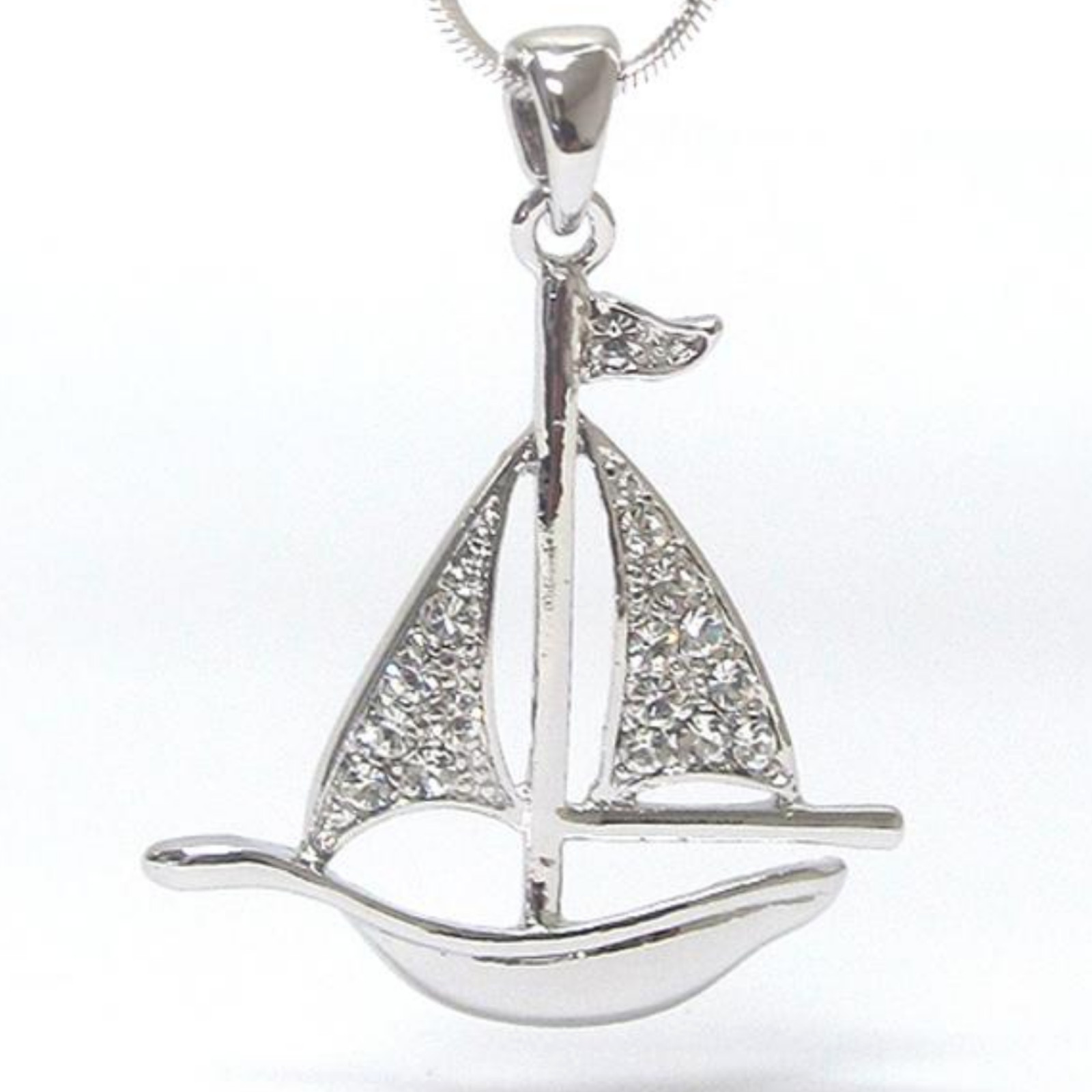 Crystal Stud Sailboat Pendant Necklace White Gold