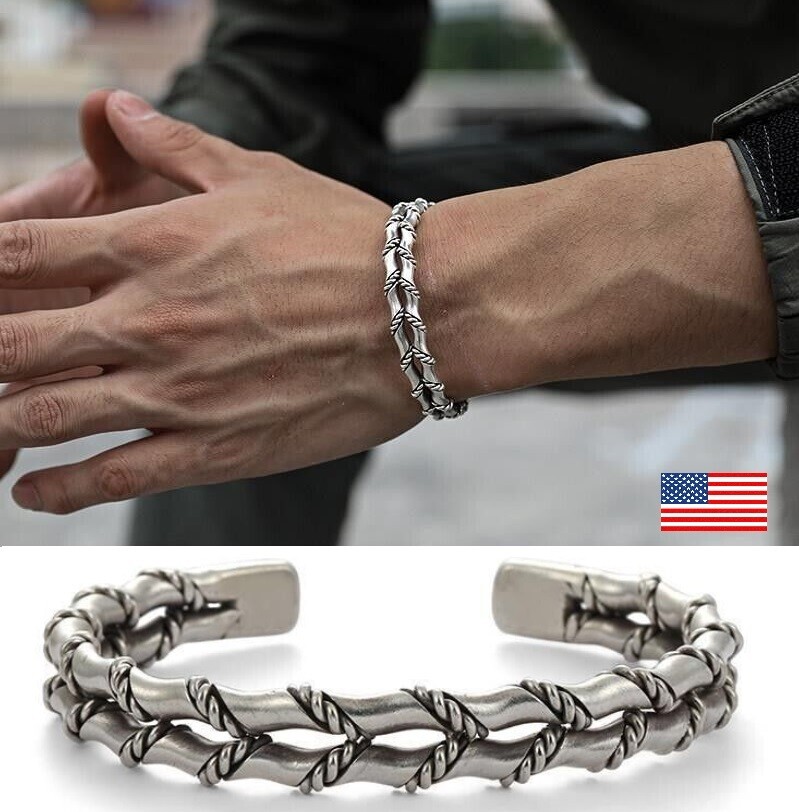 Men’s Vintage Twist Cuff Silver Bracelet Handmade Adjustable Open Bracelet USA