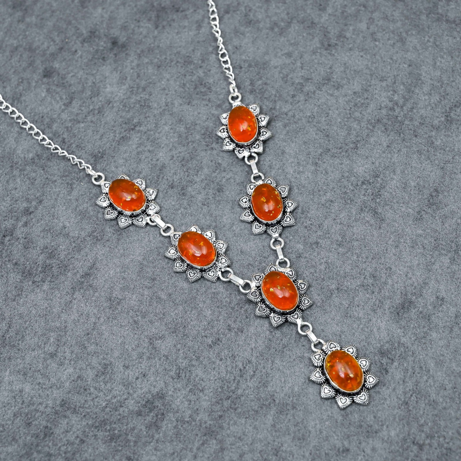 Silver Plated Amber Y-Necklace Multi-Stone Milgrain Cabochon Artisan Statement