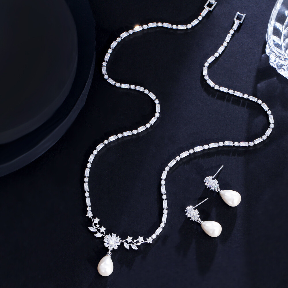 Top Silver Plated CZ Flower Leaf Tennis Pearl Drop Necklace Earrings Jewelry Set