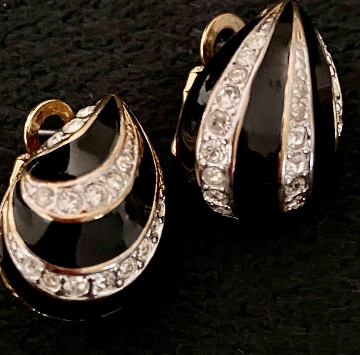 Gold Tone Black Enamel Crystal Rhinestone Cluster Stud Earrings, Nickel-Free