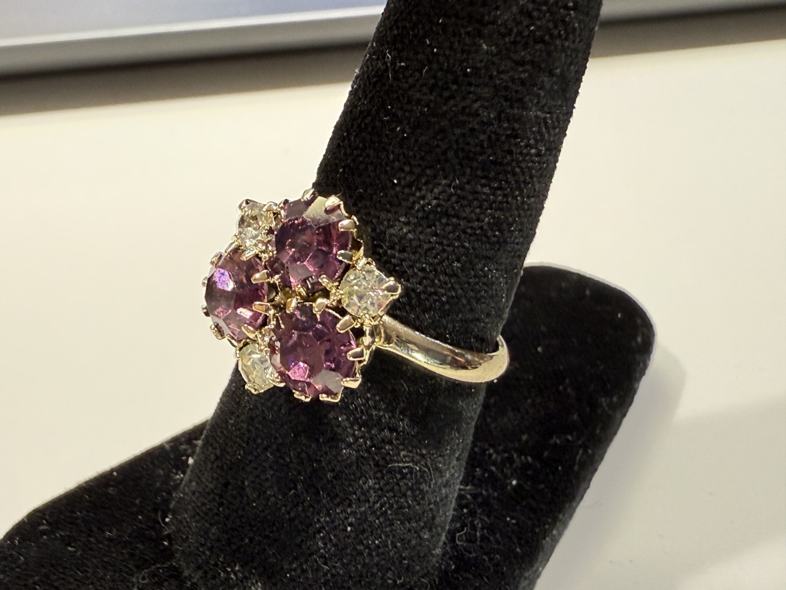 Gold tone with purple & clear stone cluster fashion ring Size 6.5 adjustable