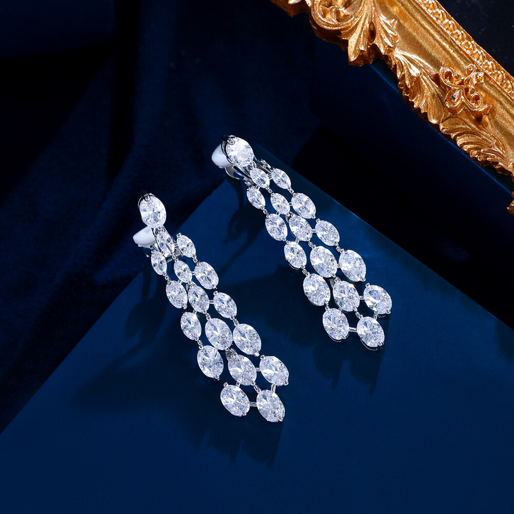 Clip On Long Chandelier Drop Earrings Silver Plated Cubic Zircon Wedding Jewelry
