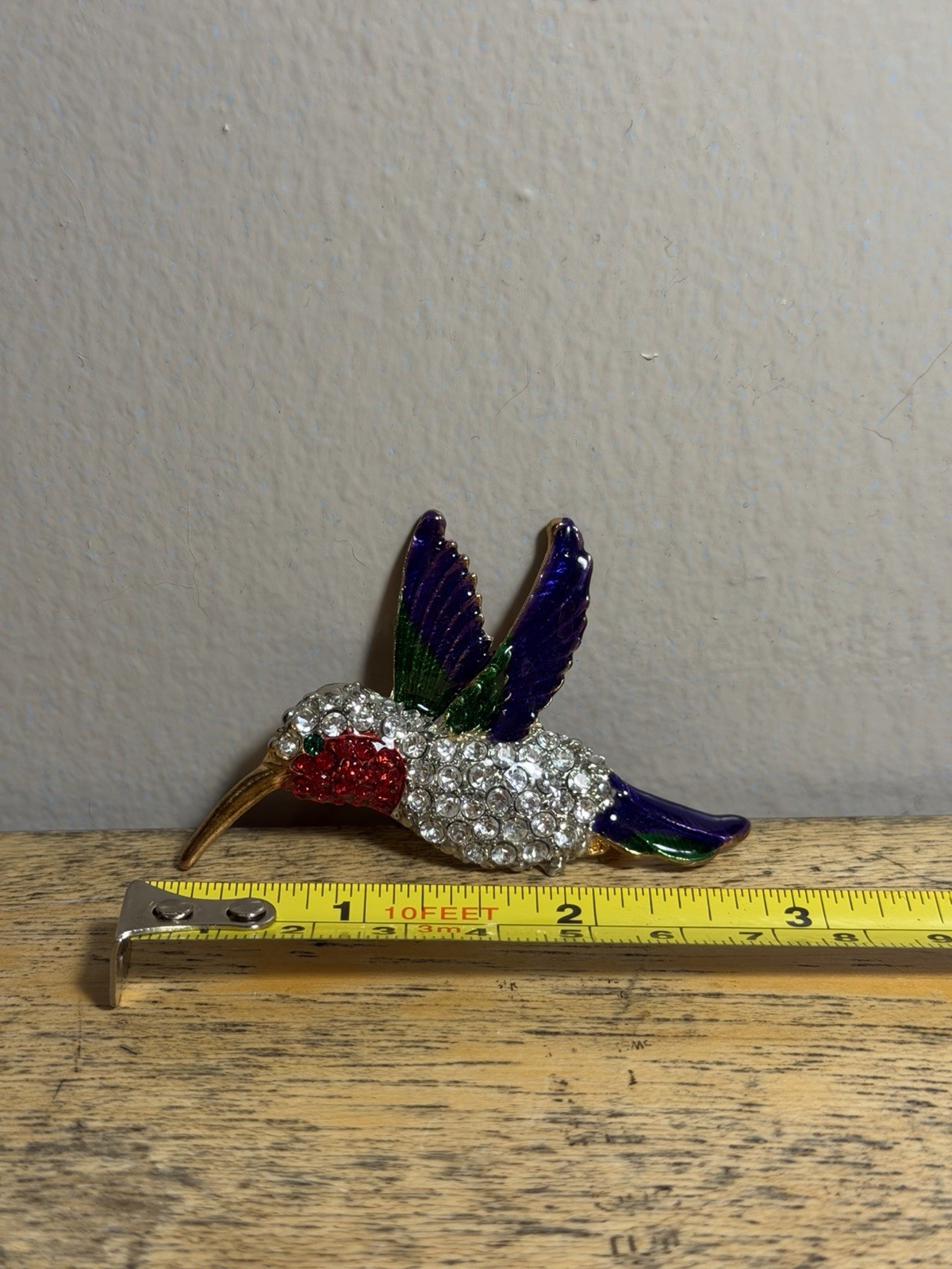 Hummingbird Bird Brooch Pin Rhinestone Enamel Gold Tone Red Green Purple 3in
