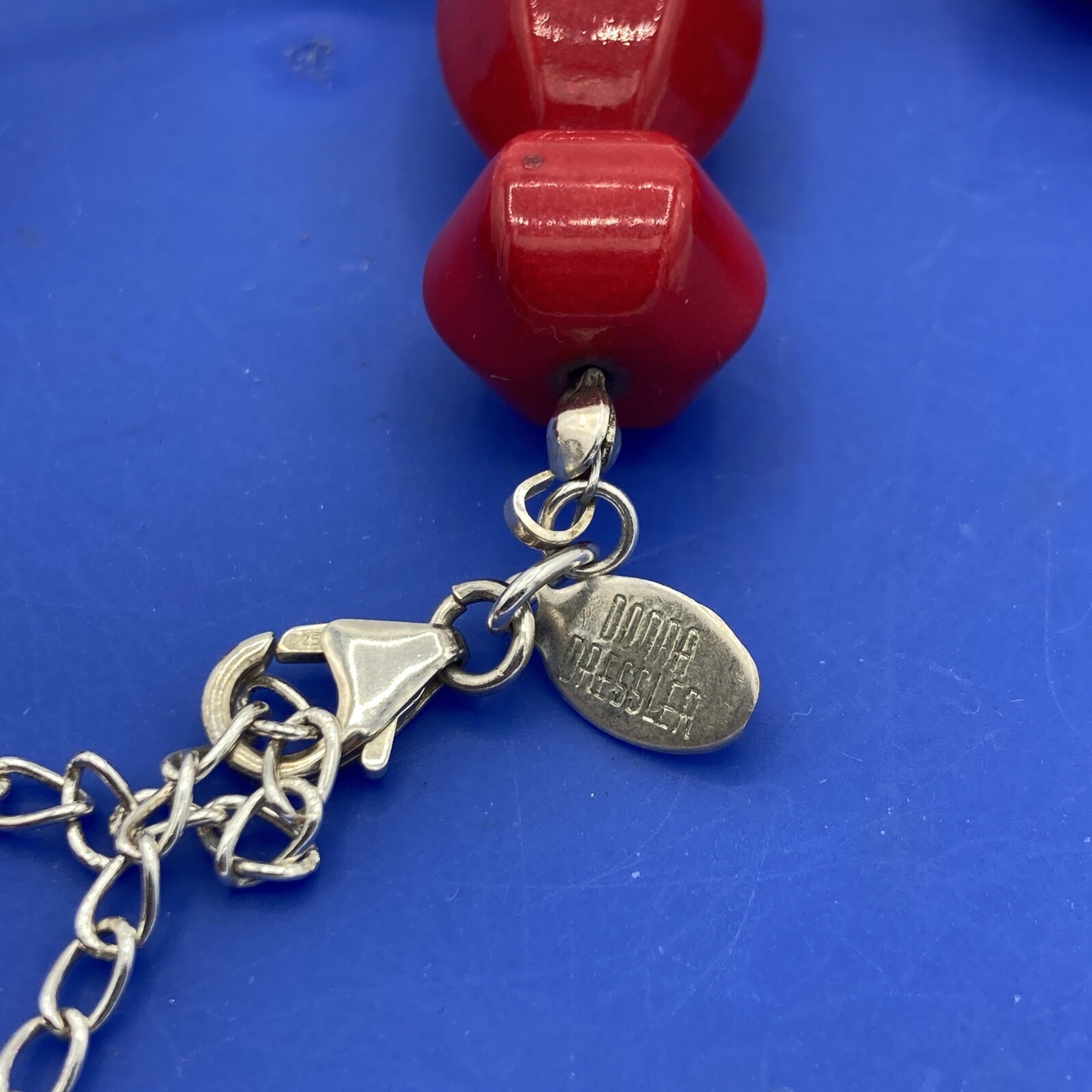 Donna Dressler Necklace Sterling Silver Cherry Red Bead Signed Mod Retro