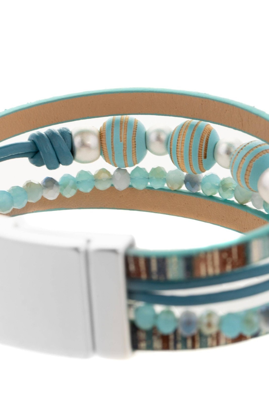 Cool-Toned Wood Beaded Leather Bracelet