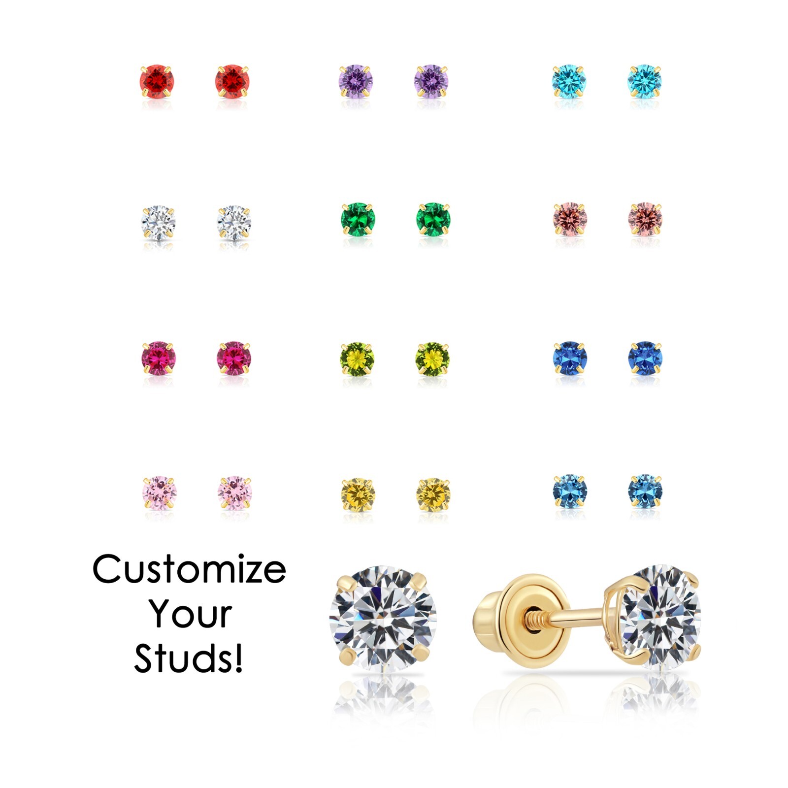 14K Real Solid Gold Birthstone CZ Sleeper Studs Earrings Screw-back 2.5mm-5mm