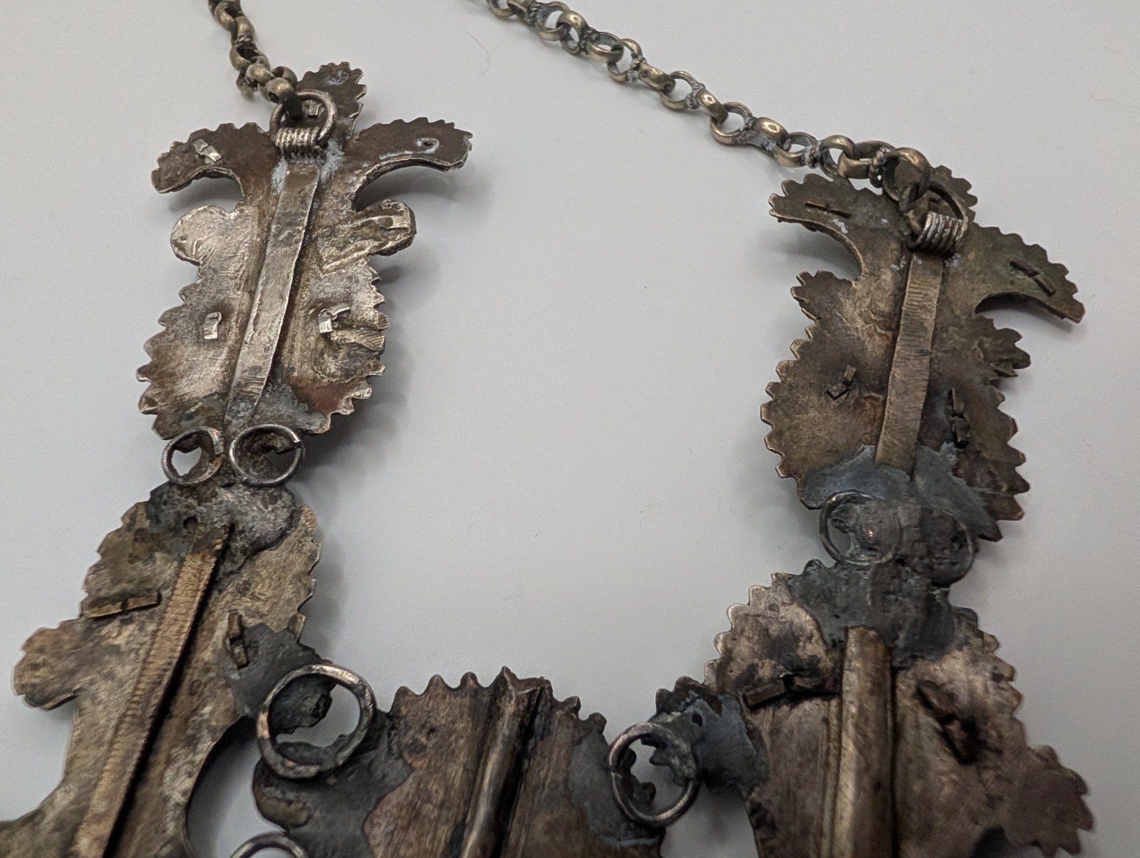 Vintage Middle Eastern Style Filigree Bib Necklace Blue Glass Cabochons