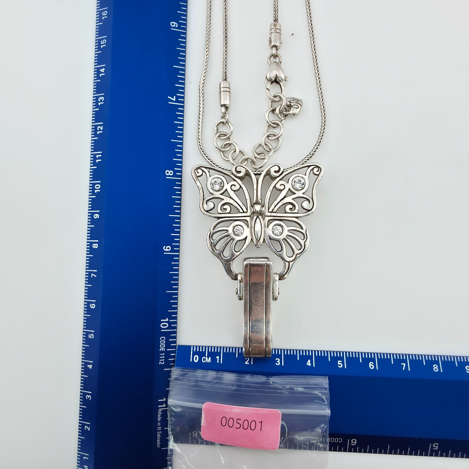 BRIGHTON Butterfly Badge ID Clip Lanyard Necklace Crystal Silver Plate 32″
