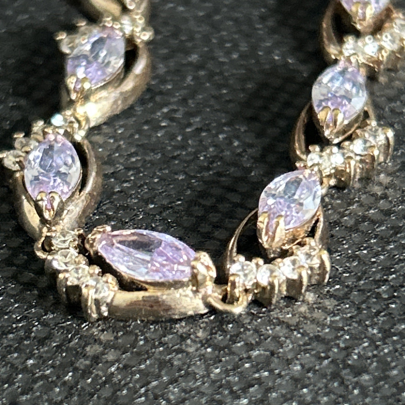 Gold Tone Brass Simulated Amethyst Marquise Rhinestone Tennis Bracelet 7 Inch