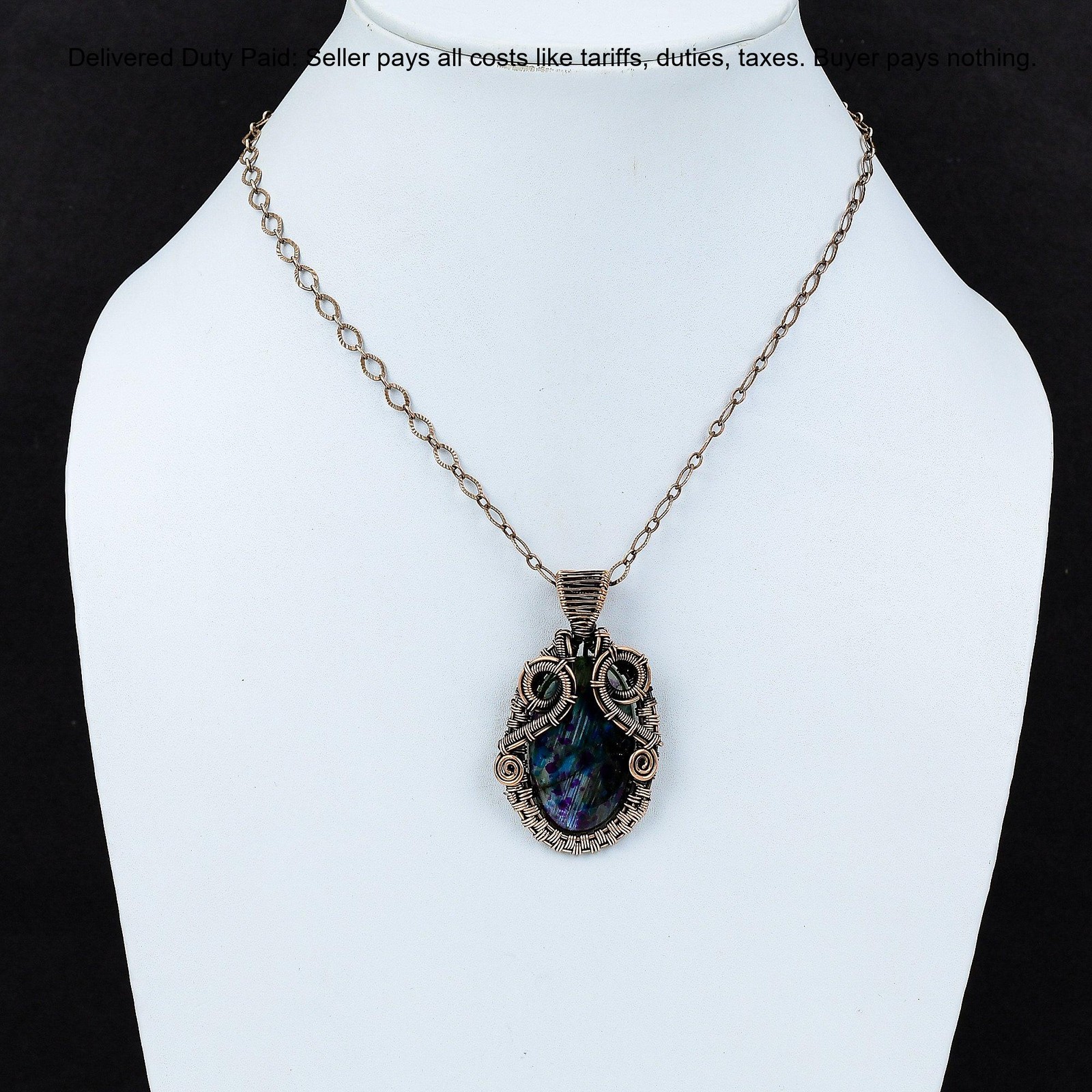 Oval Mystic Fire Labradorite Gemstone Wire Wrapped Boho Sister Pendant Copper