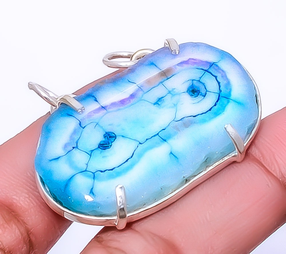 Marine Blue Solar Quartz Eye Gemstone 925 Sterling Silver Pendant 1.25″ A317