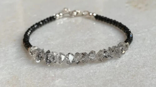 Black Spinel+White Herkimer Diamond Quartz Gemstone Beads Bracelet 7″