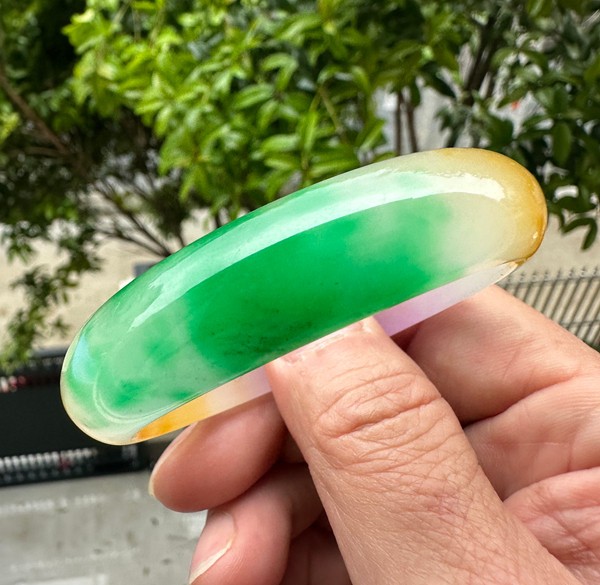 Natural Grade A Jadeite Bangle Tri-Color Green Lavender Yellow Burmese Jade 54mm