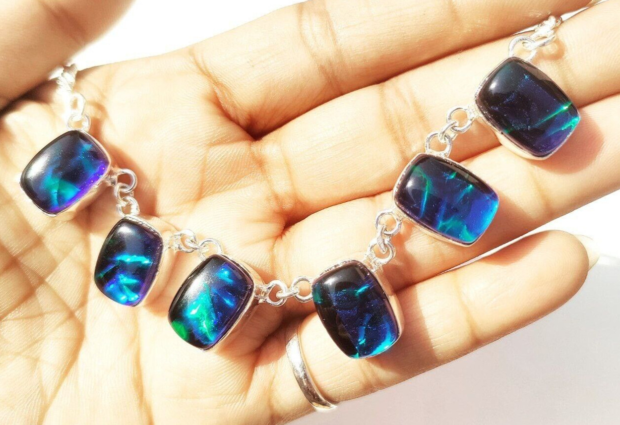 925 Silver Necklace Australian Triplets Opal Gemstone Handmade Jewelry Necklace