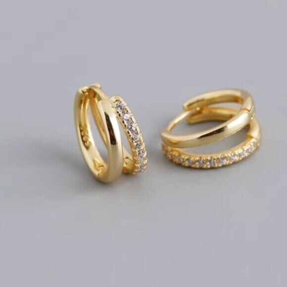 Everyday Huggie Earrings Double Huggies Gold CZ Pave Dainty Small Gold Hoops