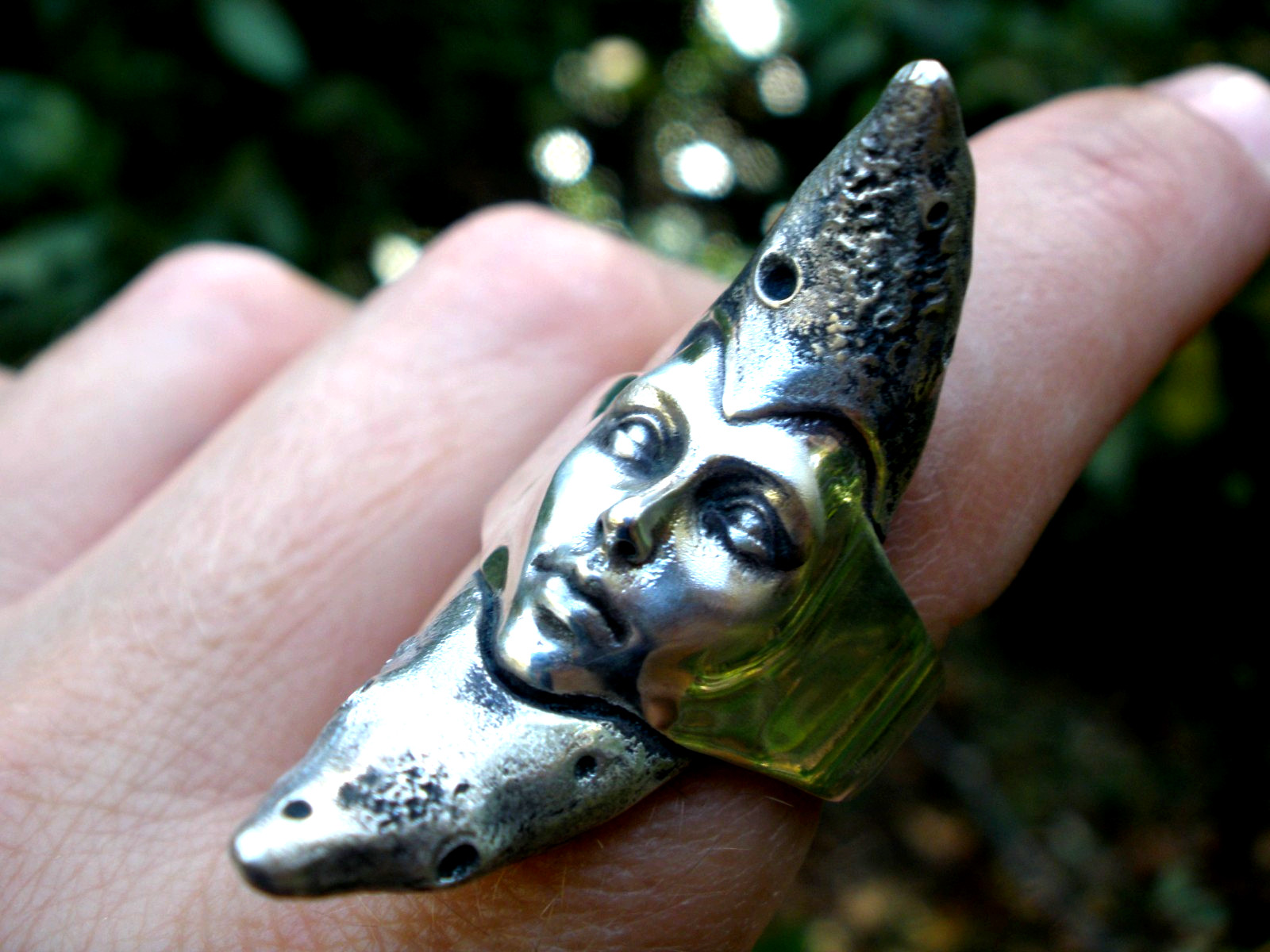 Moon Goddess Silver Ring, Crescent Moon Face Ring