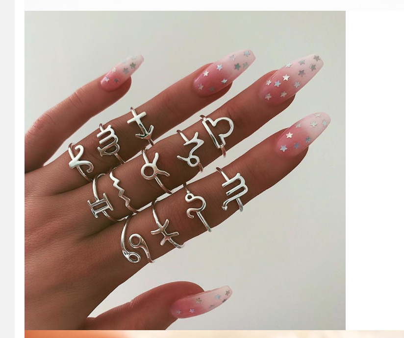 Vintage Constellation Rings Set,Alloy Metal Zodiac Signs,Color Silver Boho Style