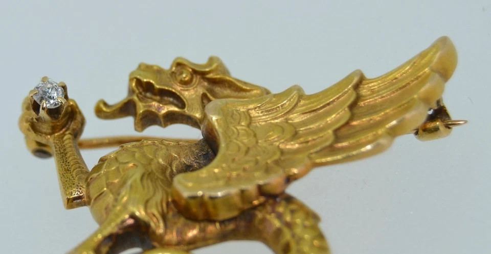 14K & Art Nouveau Chimera Dragon Brooch Watch Pin