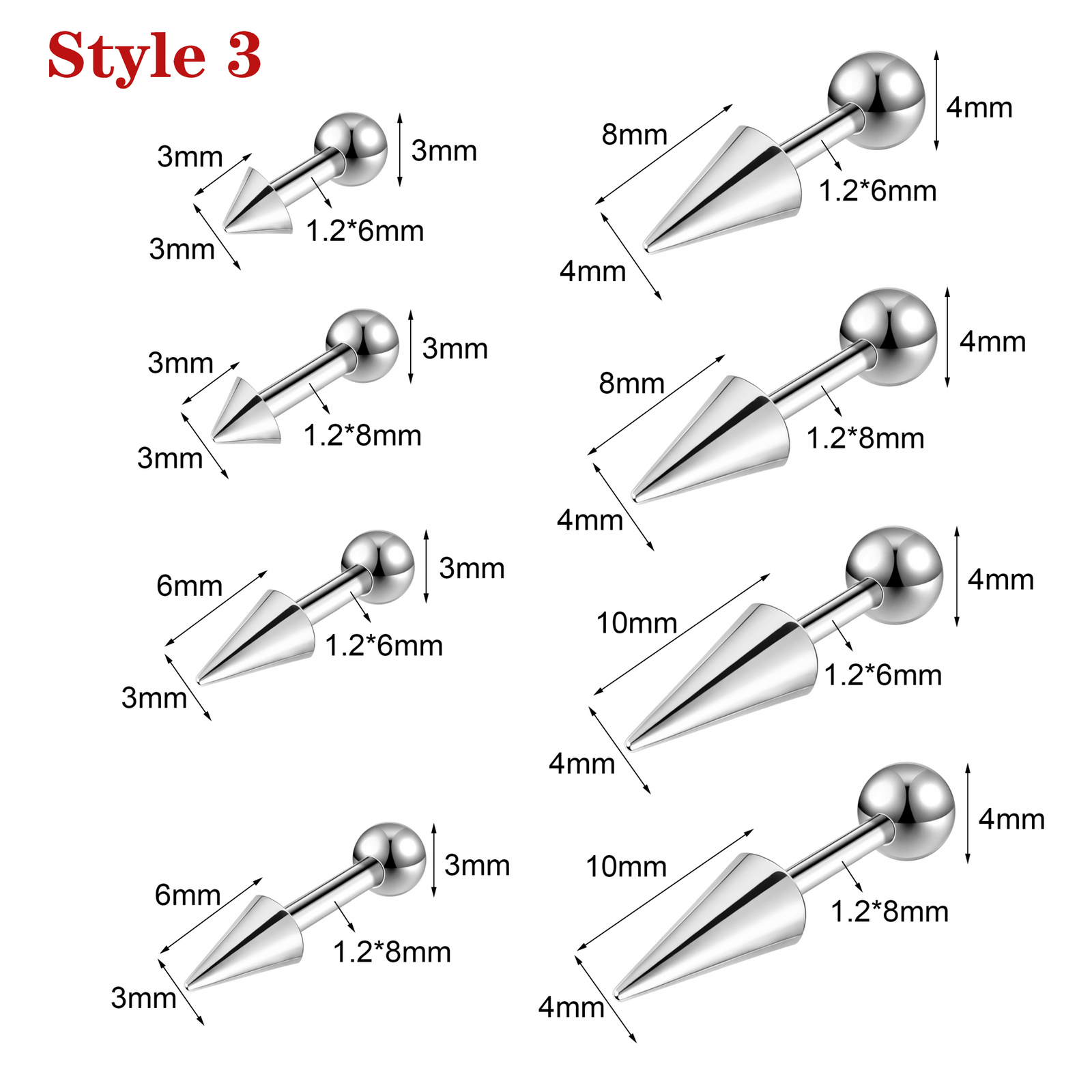16G 18G Stainless Steel Stud Earring Spike Helix Tragus Barbell Piercing Jewelry