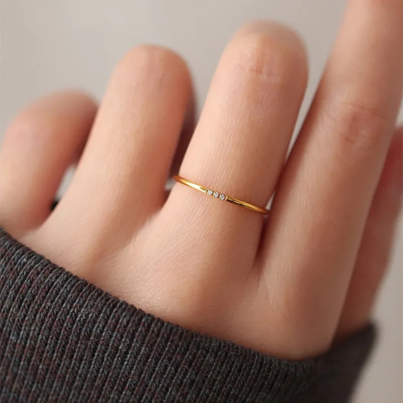 Stainless Steel Thin CZ Band Women 1mm Geometric Prong Classic Wedding Jewelry