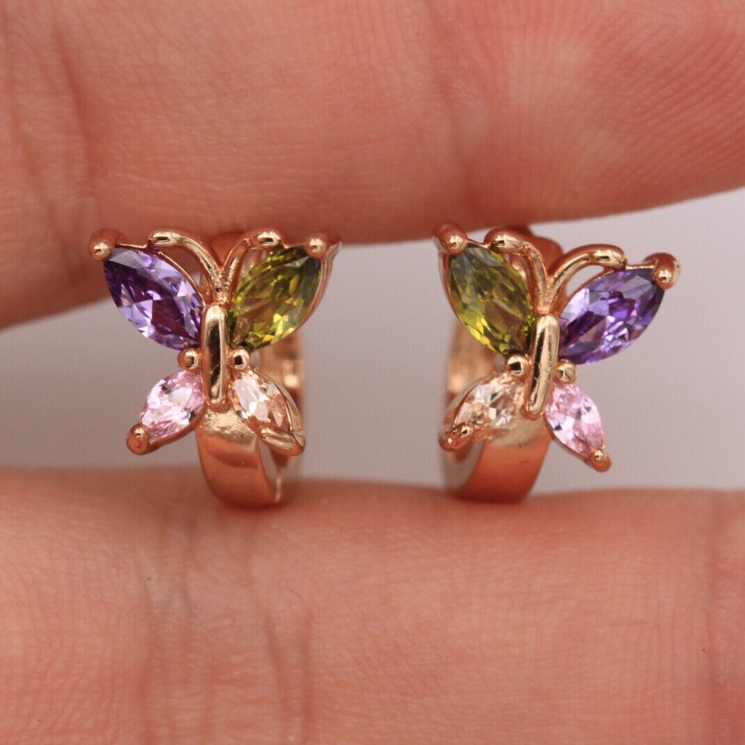 New 18K Yellow Gold Filled Multicolor Marquis CZ Butterfly Huggie Hoop Earrings