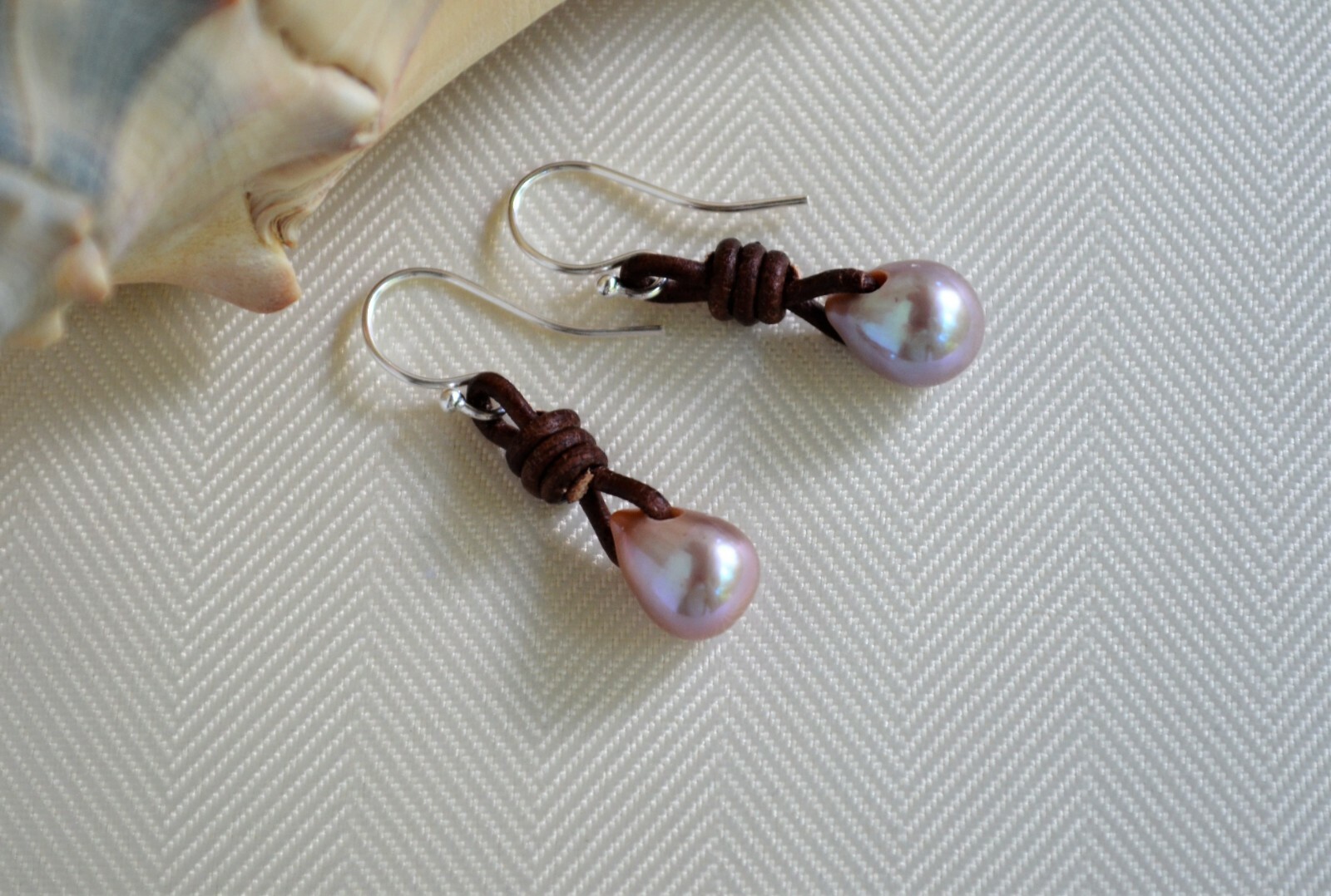 Tea Drop Pearl Earrings Lavender Pearls on Leather Earrings Boho Earrings Yevga