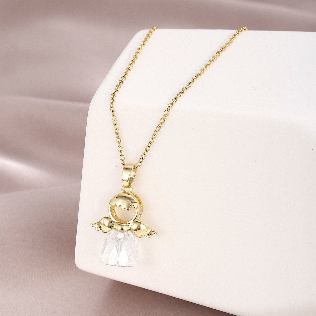 Angel Wings Gold Tone Crystal Pendant Necklace for Women — Dainty Halo Charm