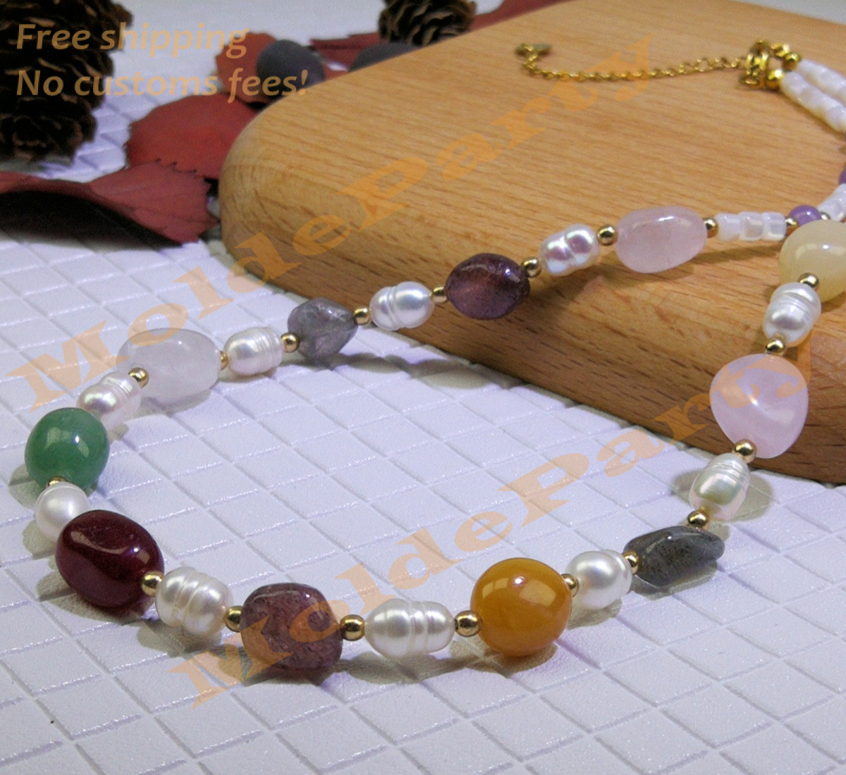 Raw Multi-Gemstone Amethyst Pearls Beaded Choker 40cm Boho Necklace Jewelry Gift