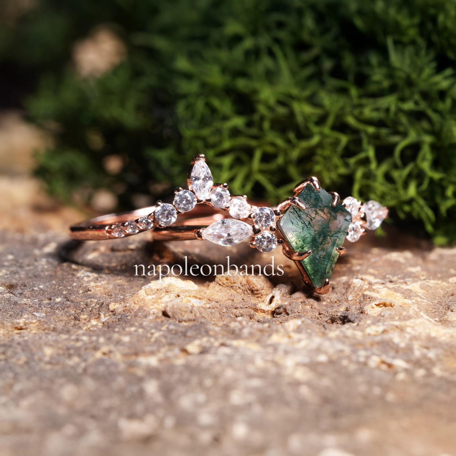 14K Rose Gold Marquise, Kite Cut Green Moss Agate Engagement Stackable Ring