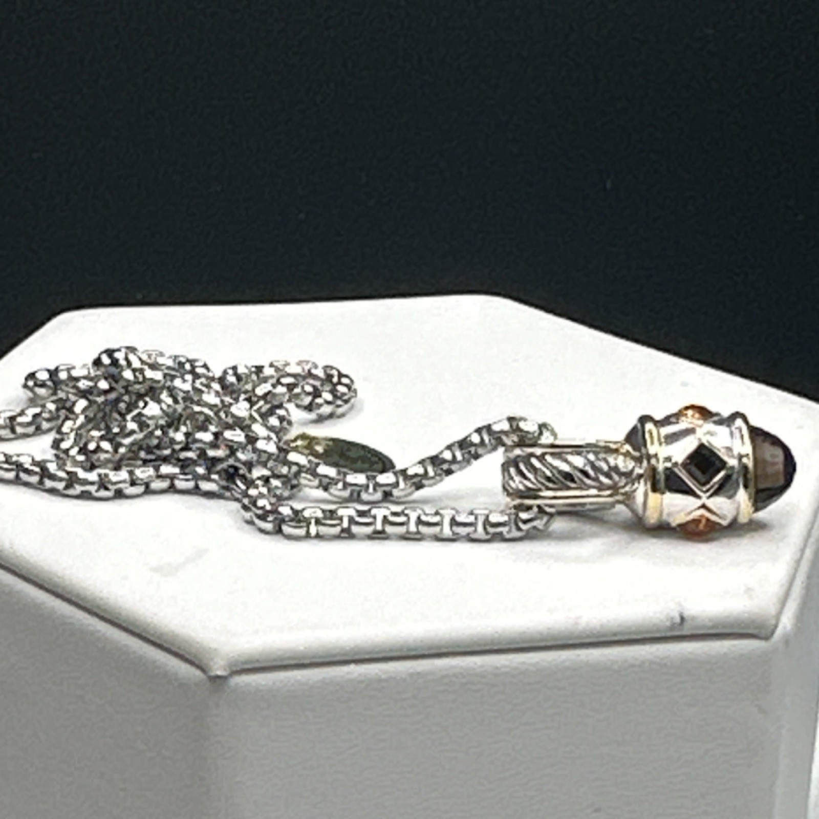 Silver-Gold Tone Chain Charm Bracelet Metal Adjustable with Black Cushion Stone