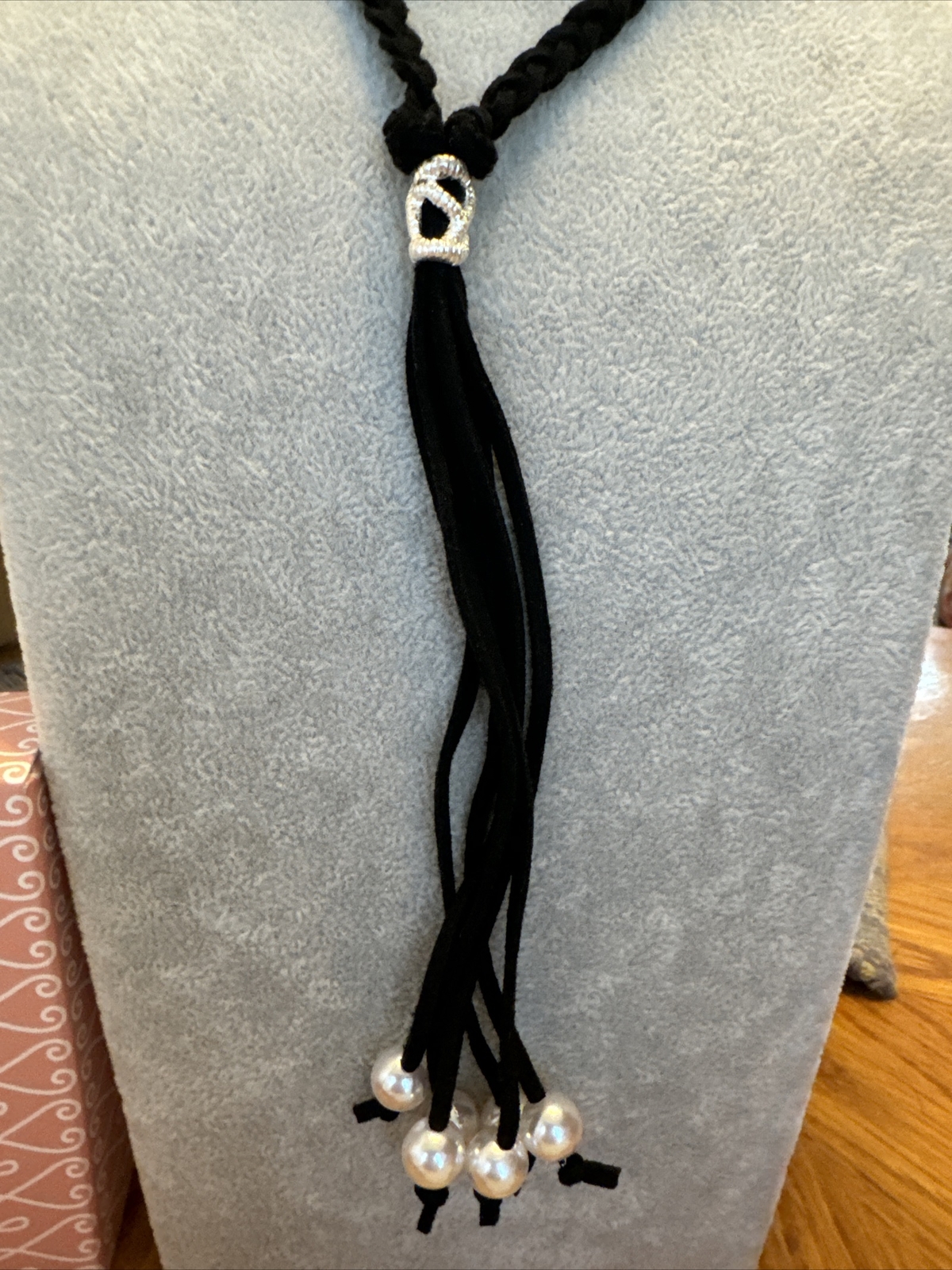 Plunder Design Fashion Trendy Jewelry Black Tie Boho Braided Cord Pearl Necklace