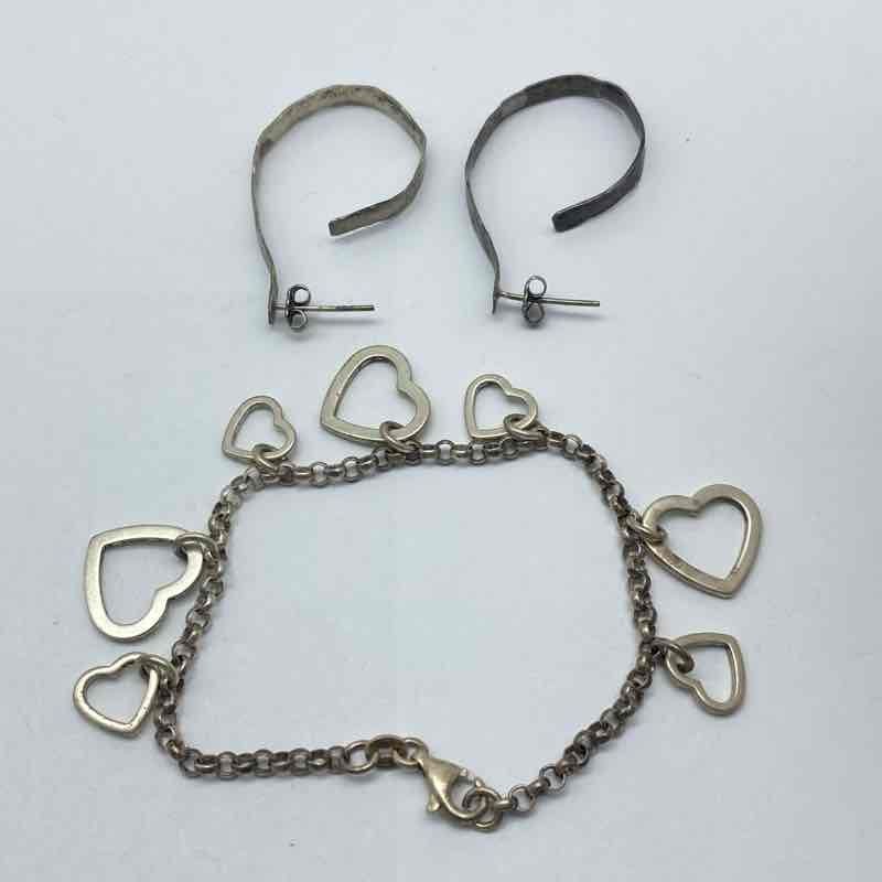 Sterling Silver 925 Heart Charm Bracelet and Hoop Earring Set 15.7g