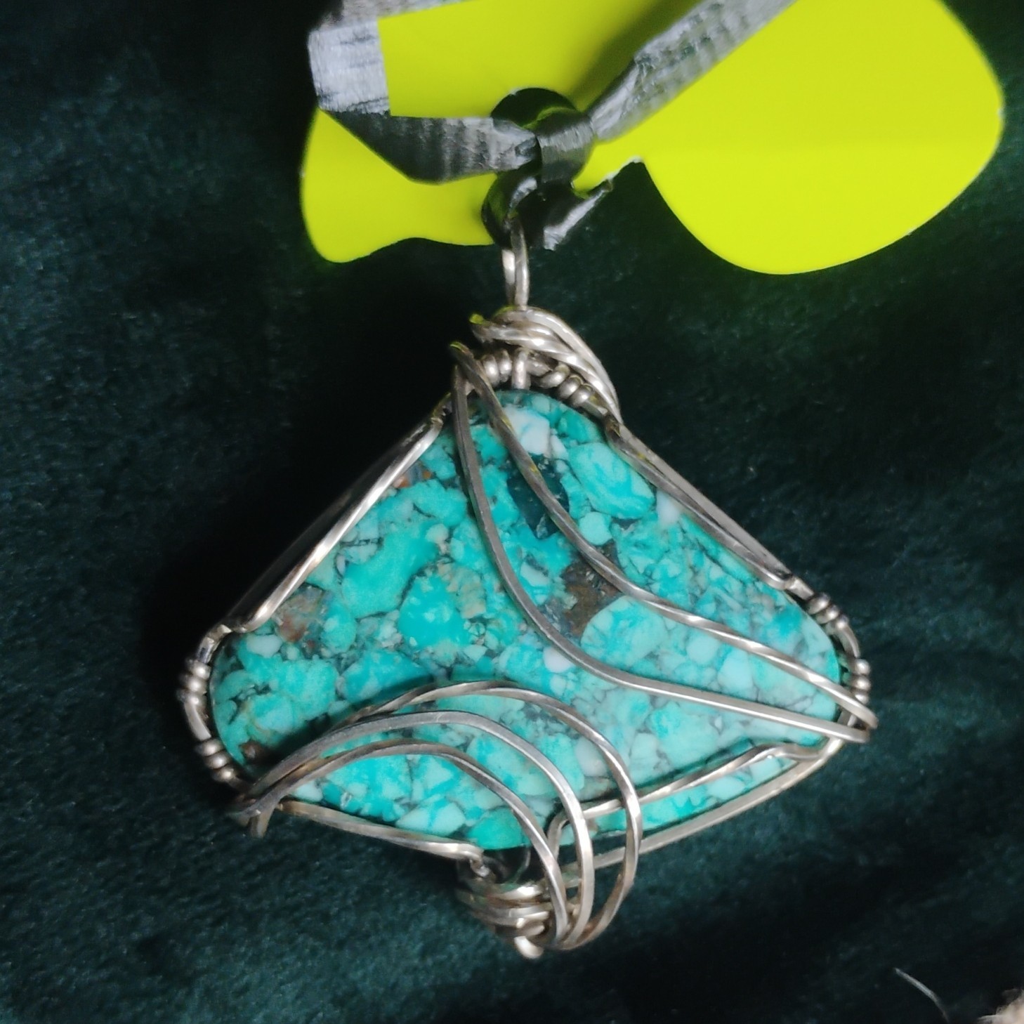 Silver Wire Wrap Turquoise Triangle Charm Pendant, Blue Stone
