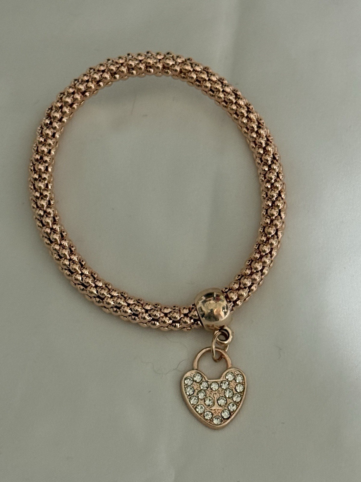Rose Gold Rope Chain Adjustable Slide Bracelet w/ Pavé Crystal Heart Charm