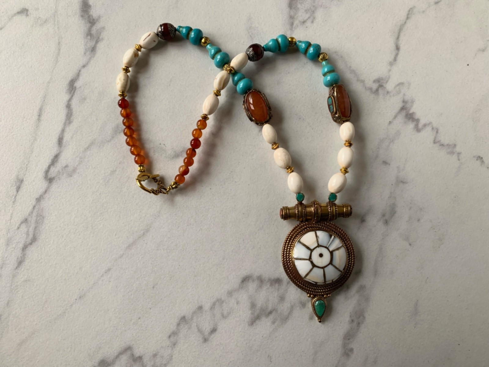Tibetan Brass & Naga Conch Dharma Wheel, 20 ” Necklace 25