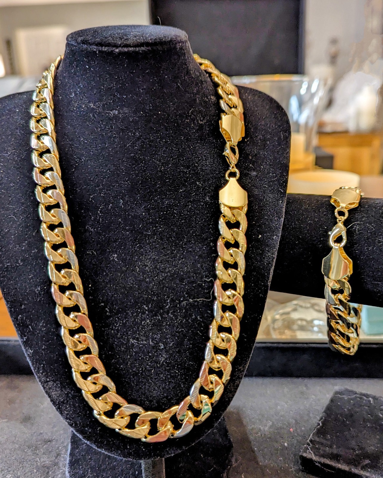 16 Inch Multi Color Gold Plated Cuban Chain Necklace And 8 Inch Bracelet Set