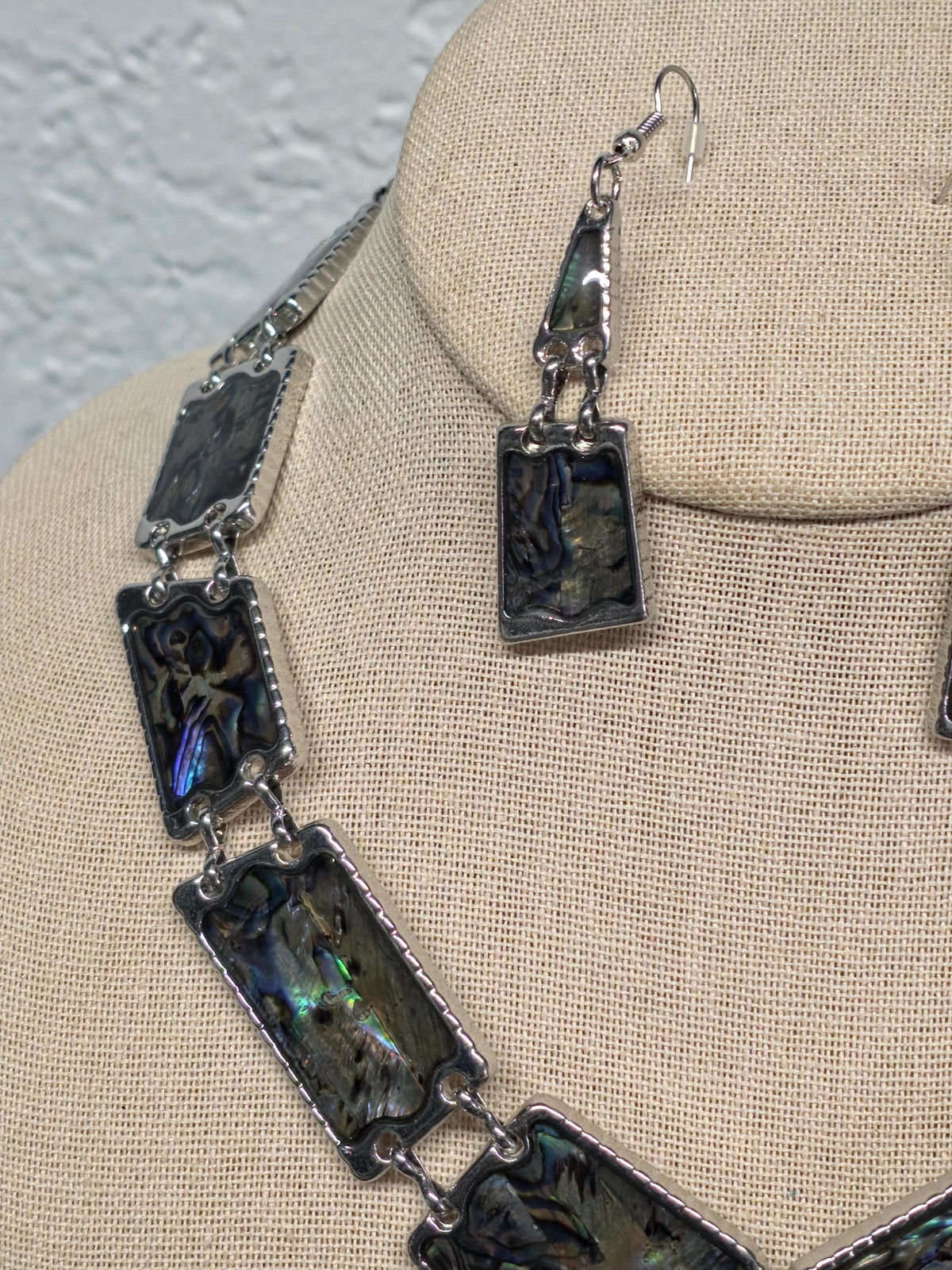 Artisan Abalone Shell Necklace Earring Set Silver Tone Rectangle Mosaic 16-18″