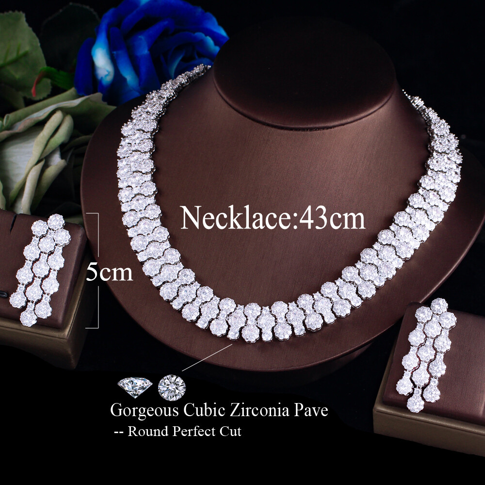 Designer Big Wide Necklace and Earrings Silver Plated Zircon Wedding Jewelry Set
