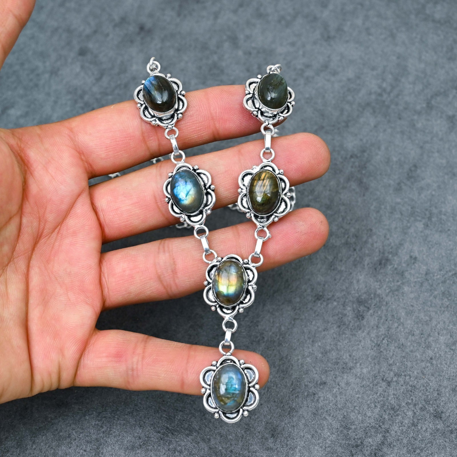 Silver Plated Labradorite Y-Necklace | Multi-Stone Milgrain Cabochon | Artisan