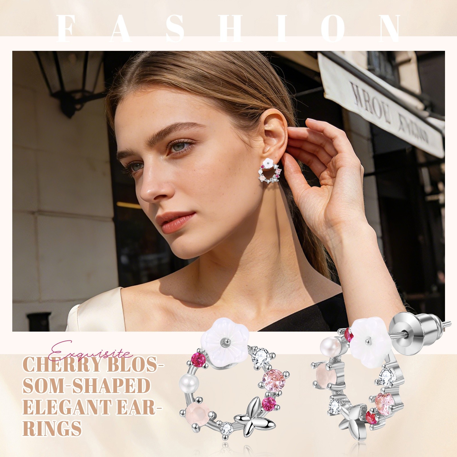 Women Sakura Butterfly Earrings RhinestoneDangle Drop Birthday Anniversary Gift