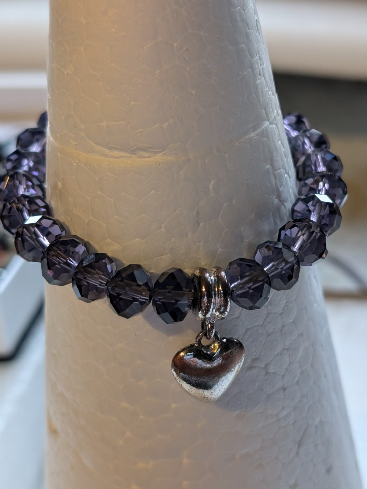 Purple Crystal Elasticated Faux Amethyst Bracelet 30g Love Heart Charm New/ Box