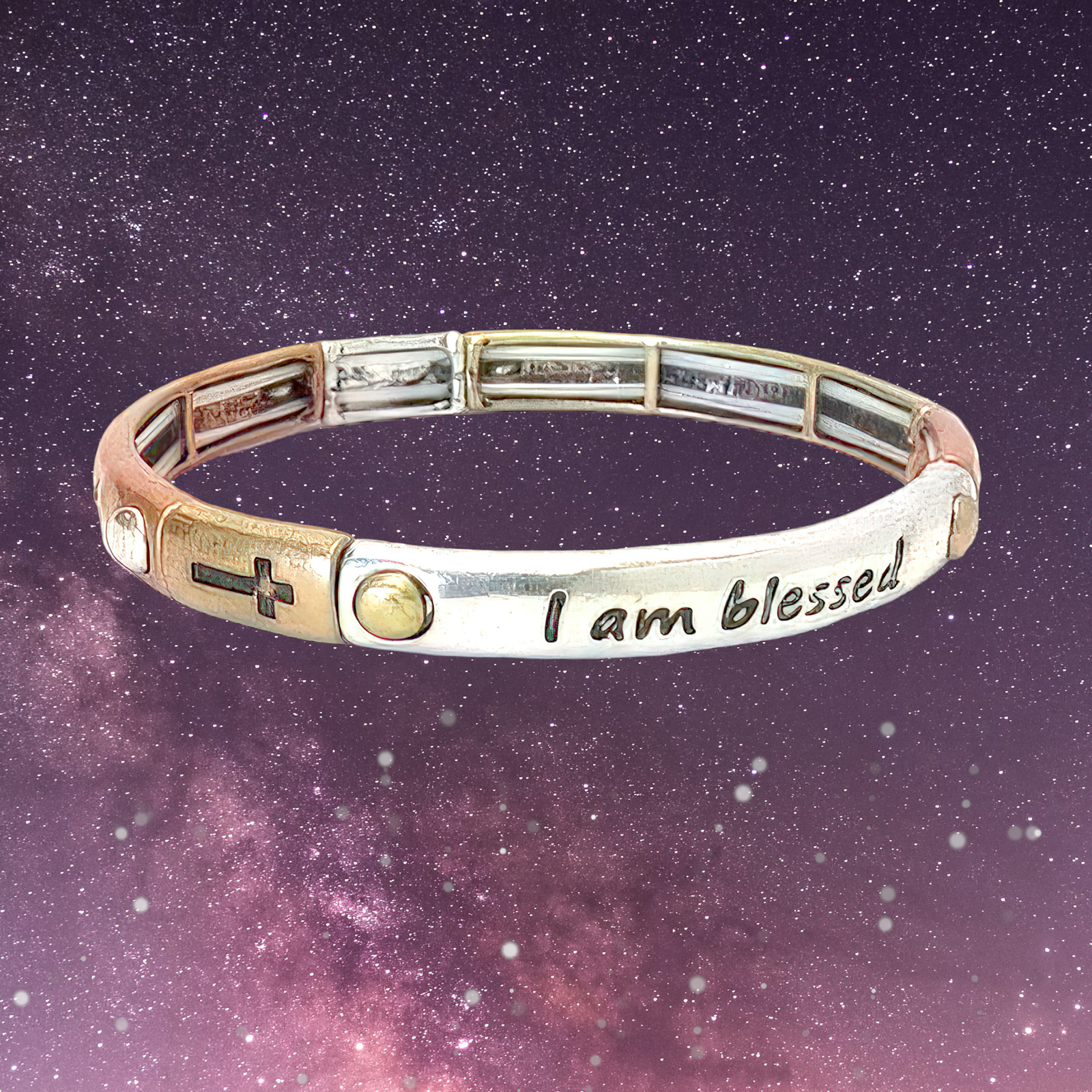 “I Am Blessed” Metal Stretch Bracelet with Crosses – Faith-Filled Everyday Wear
