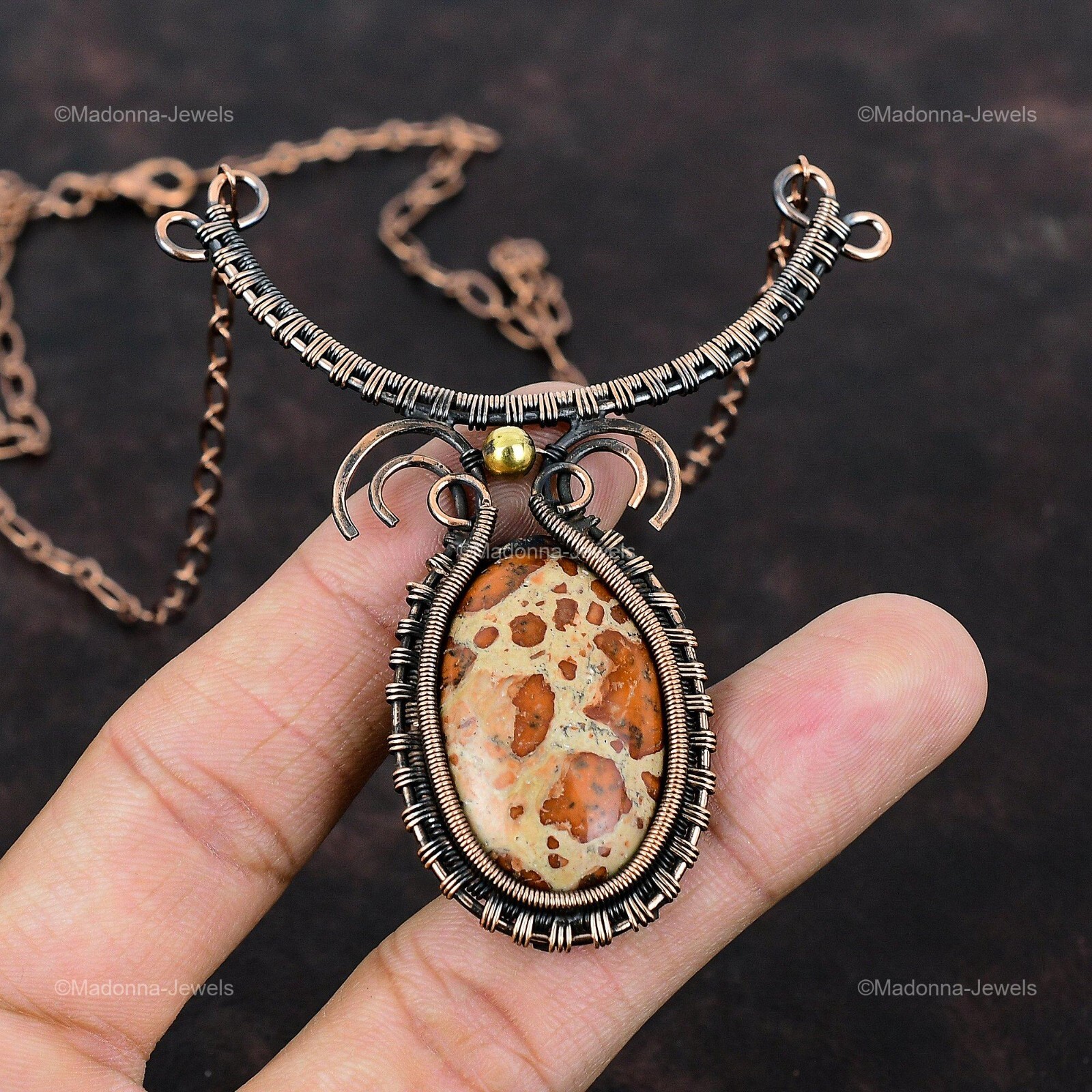 Oval Asteroid Jasper Gemstone Copper Sister Chain Wire Wrapped Birthday Necklace